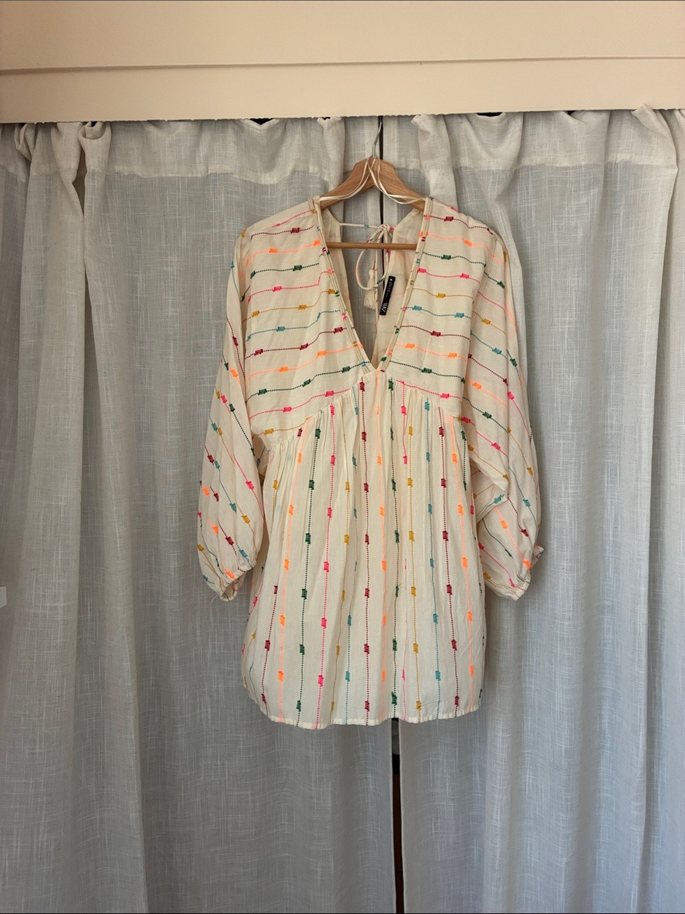 Boho Embroidered V-Neck Tunic Top - Cream with Multicolor Accents